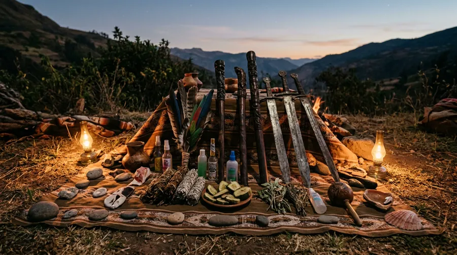 Altar curandero con elementos rituales